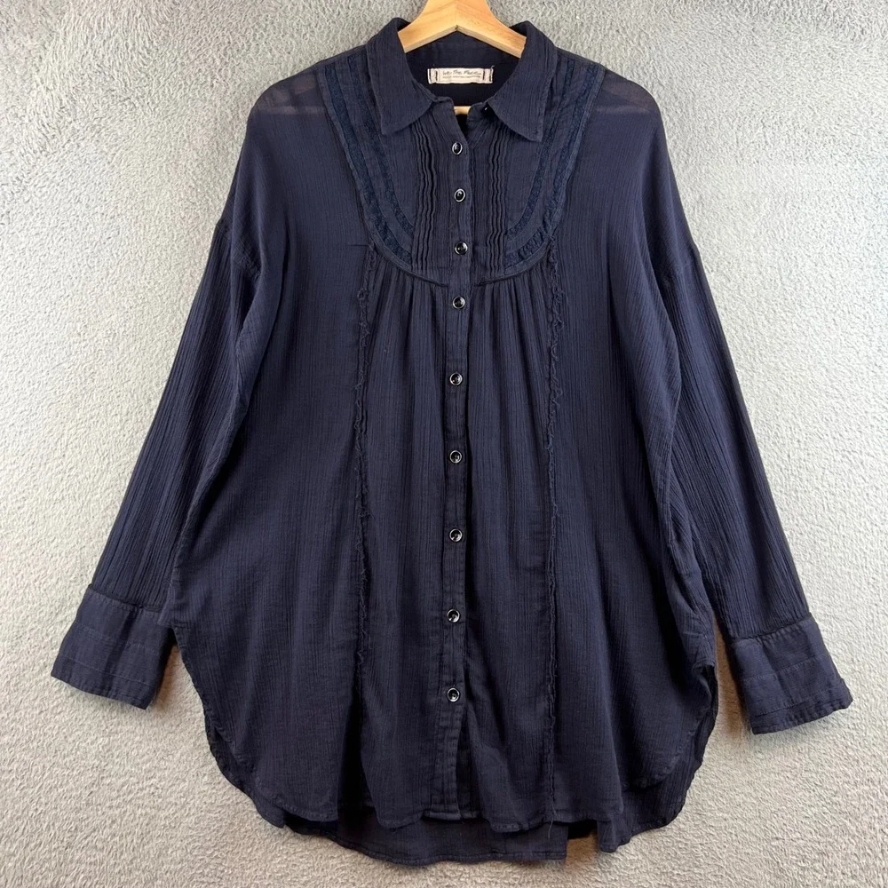 We The Free Free People Navy Blue Lace Pintuck Gauze Button Down Tunic Top M